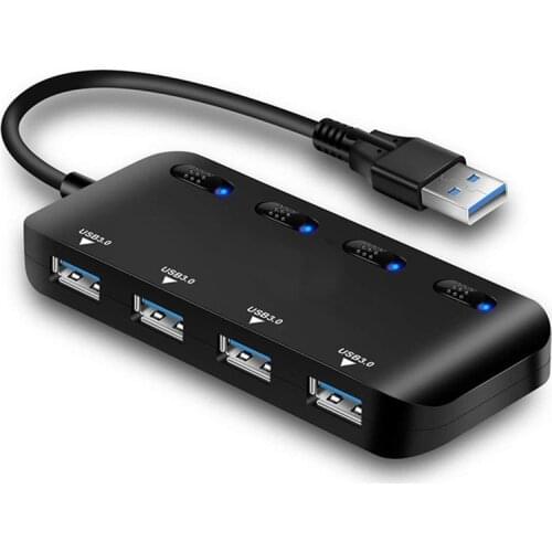 Powered USB 3.0 Hub Splitter 4 Port Data Cable With One Smart Charging Adapter Individual On/Off Blue LED Indicator Switches