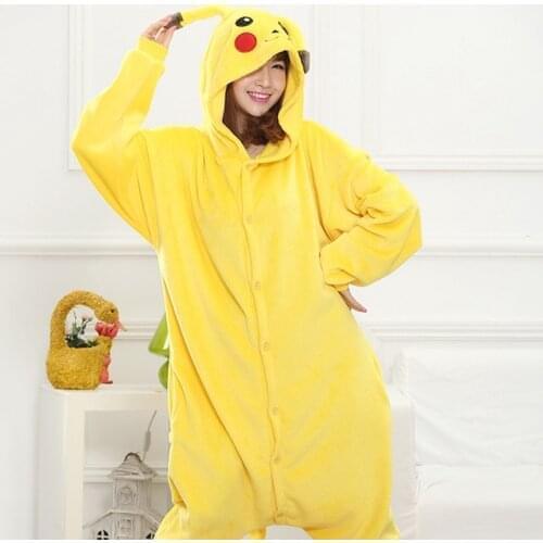 Adults Animal Pajamas Sets Cartoon Sleepwear Cosplay Zipper Women Men Winter Unisex Flannel Yellow Anime Pijamas