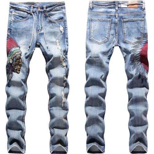 Casual Pants Stretch Denim Trousers Autumn Streetwear Pencil Jeans Pants Embroidery Skinny Jeans Men