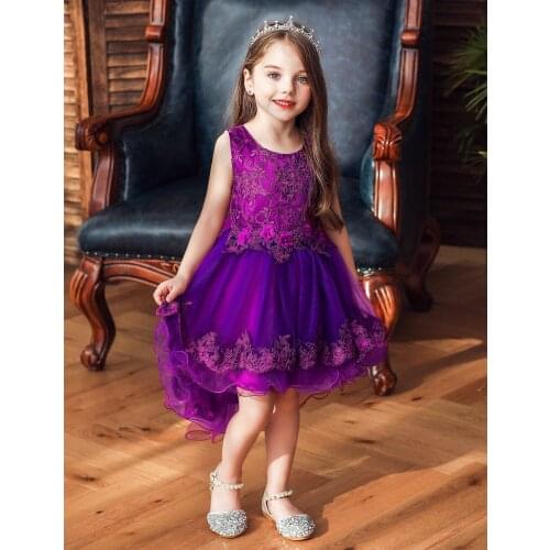 Purple Sleeveless Kids Girl Bow Embroidered Clothing Cute Crew Neck Girl Night Dress For Child Aged 2-12 Years Old