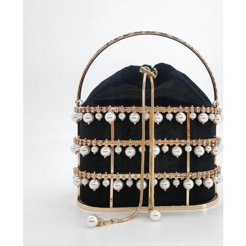 Handmade Diamonds Basket Evening Clutch Bags Women 2021 Luxury Hollow Out Pearl Beaded Alloy Cage Handbags Ladies Shoulder Bags