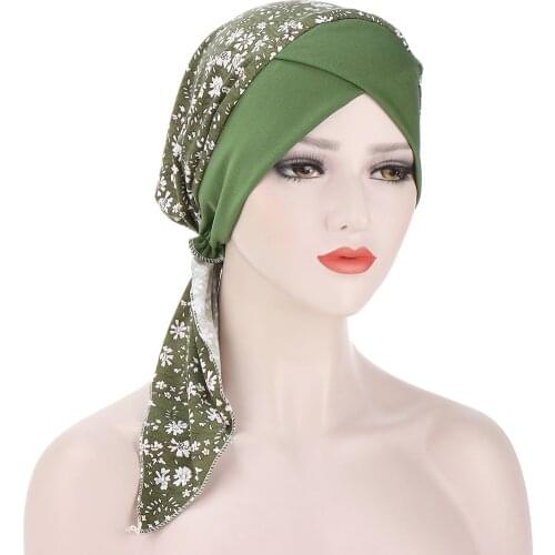 Fashion Women Printed Forehead Cross Inner Hijabs Caps Muslim Head Scarf Turban Hat Long Tail Headwraps Cap Hijab Bonnet