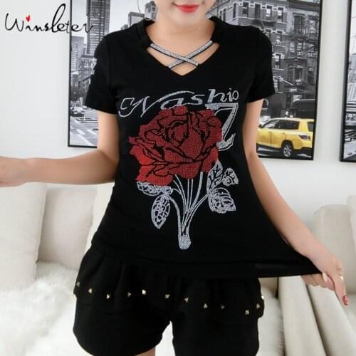 Summer Fashion Korean Clothes T-shirt Sexy Hollow Out Diamonds Rose Cotton Women Tops Ropa Mujer Short Sleeve Tees 2020 T06629