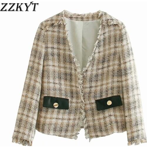 ZZKYT 2021 Women Autumn Fashion Plaid Pockets Jacket Coat Vintage V-Neck Long Sleeve Office Lady Outerwear Casual Tops Vestidos