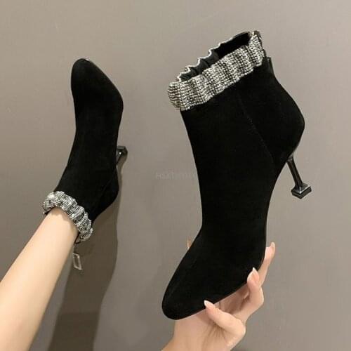 Womens Short Boots Bling Sequins Fashion Handmade Shoes Elegant High Heel Autumn TPR Slip-On Female Ankle Boots Boots Size 39