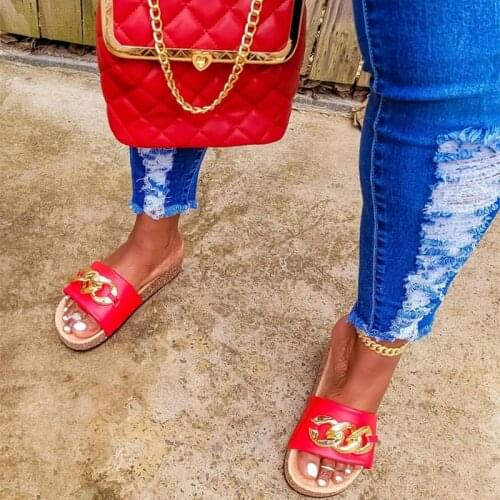 Women Shoes New Design Gold Chain Slipper Slides Open Toe Slip On Beach Slippers Shoes Sandals Low Heels Casual Shoes Black