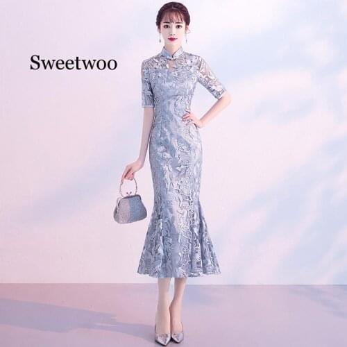 Chinese Style Lace Women Qipao Spring Summer Autumn New Lady Dress Plus Size 3xl Vestidso Print Flower Vintage 2020