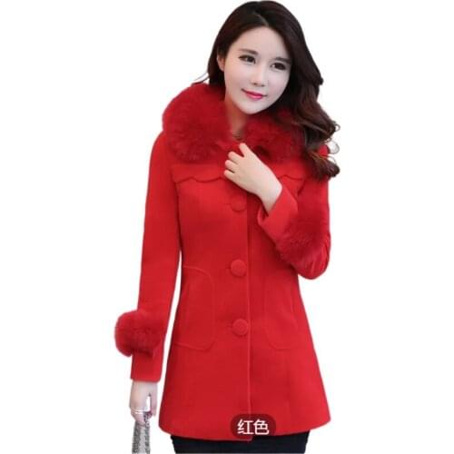 Winter Woolen Coats For Women Fashion Solid Single Breasted Overcoat Fur Collar Slim Outerwear Female Trench Coat