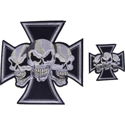 2Pcs Embroidered Sew Iron On Patch Cross Skull Punk 3 Heads Badges For Bag Jeans Hat T Shirt DIY Appliques Craft Decoration