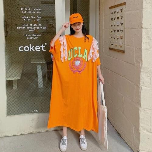 2020 summer new arrivals plus size womens long big T-shirt cartoon print lace three-quarter sleeve dress