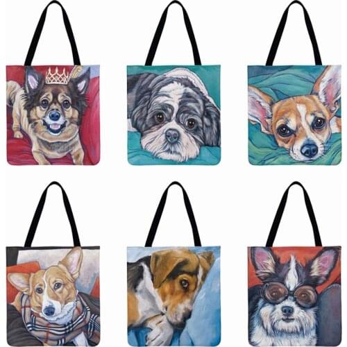 Watercolor Puppy Printing Tote Bag Linen Febric Casual Tote Reusable Beach Bags Women Shoulder Bag Foldable Shopping Bag