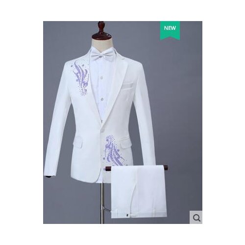 White singer star style stage Diamond clothing for men sequins suit set with pants mens wedding suits man formal dress tie