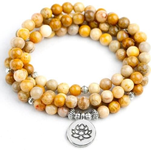 Women`s 6 mm Fossilized Coral Bracelet 108 Mala Beads Bracelet or Necklace Women Men Lotus Charm Jewelry Yogi Birthday Gift