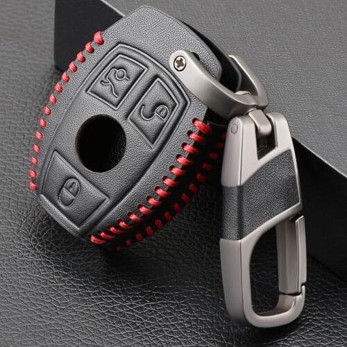 Genuine Leather 3 Button Smart Car Key Case Cover For Mercedes Benz Accessories W205 W204 W203 W210 W211 W124 Keyrings Keychain