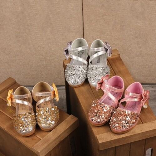 Flower Children Girls Bowknot Sequins Glitter Princess Shoes For Kids Gold Silver Pink Party Wedding Performance Dress Shoes New