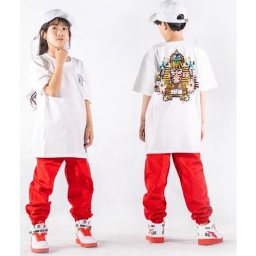 Children Hip-Hop Suit New Summer Short Sleeve T-Shirt Red Pants Kids Modern Street Dance Jazz Stage Performance Clothing DWY5429