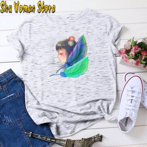 T-shirts Top for Women Watercolor Feather girl Cute Trend Clothing Print Lady Womens Graphic T Shirt Ladies Female Tee T-Shirt