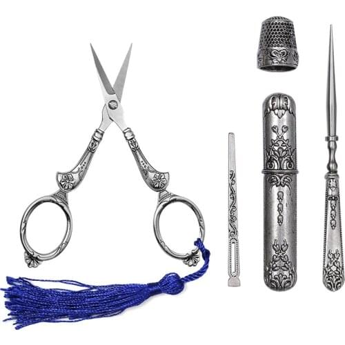 Imzay Embroidery Scissors And Case,Complete Vintage Sewing Tools With Sewing Needle Case,Awl,Finger Cot For Sewing,Cutting