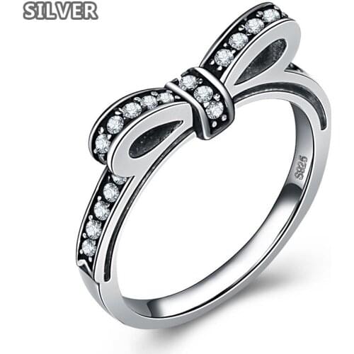 Hot Sell Authentic 925 Thai Silver Sparkling Bow Knot Wedding Vintage Women Ring Crystal 925 Silver Anillos De Original Jewelry