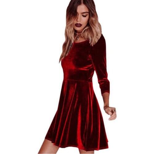 Fashion Women Swing Hem Velvet Dress Spring Ladies Party Mini Dress Vestidos Women Velour Dress Long Sleeve Slim Tops Red