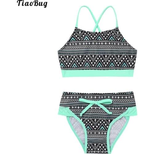 Fashion 2021 Summer Kids Girls 2Pcs Swimsuits Swimwear Blue Geometric Patterns Printed Bathing Suit Bikini Set