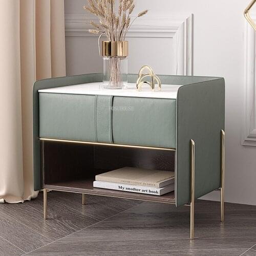 FOSUHOUSE Nordic Rockboard Smart Bedside Cabinet Wireless Charging Home Nightstands Bedroom Furniture Leather Storage Cabinet