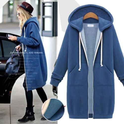 Plus Size 5XL Zip Up Hooded Women Jacket Full Sleeves Pockets Hoodies Autumn Winter Casual Coat Long Solid Outwear Velvet Tops