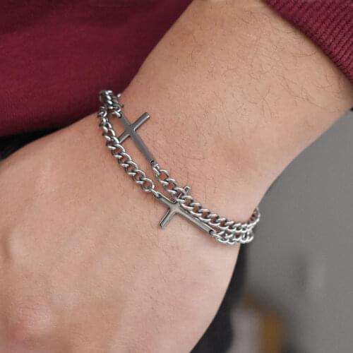 2021 New Design Double Strand Rolo Chain with Cross Charms Bracelet for Men Stainless Steel Lobster Claw Clasp Closure