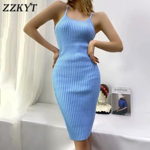 ZZKYT 2021 Women Summer Elegant Slim Solid Knitted Bag Hip Mini Dress Vintage Sleeveless Backless Female Party Dresses Mujer