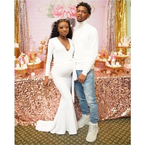 YiMinpwp Maternity Mermaid Evening Dresses V Neck Long Sleeve Tie Sweep Train Soft Satin Formal Women Pregnant Prom Party Gowns