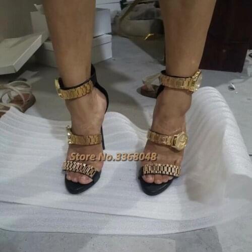 Real Picture Metal clock Sandals Open Toe Thin High Heel Ankle Buckle Cover heel Stiletto Heel Shoes Cut Out Manufacturer shoes