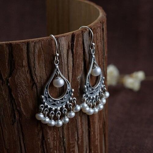 S925 traditional Thai silver craft pendants wholesale fashion classical female tassel pearl silver earrings
