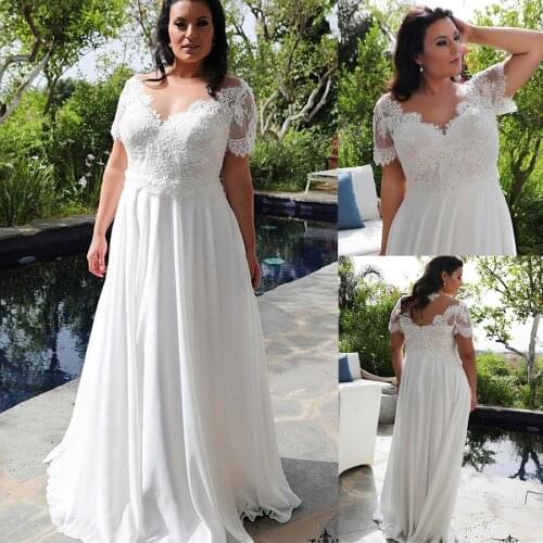 Brilliant Chiffon Jewel V-neckline Plus Size Sexy Cheap Wedding Dresses 2020 Beaded Lace Appliques Short Sleeves Bridal Gowns