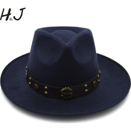 Steampunk Men Felt Fedora Hat with Wide Brim Jazz Hat Gentleman Dad Sombrero Godfather Dad Hat Punk Belt Size 58cm
