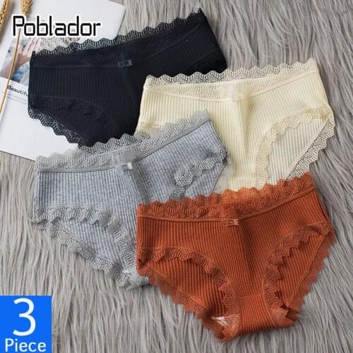 Poblador 3Pcs/lot Hot Sexy WomenS Cotton Panties Sets Mid-Rise Lace Edge Underpants Soft Comfortable Lady Lingerie Briefs