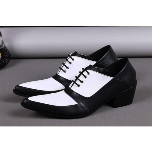 Christia Bella Personalized Fashion Man Black and White Real Leather Splicing Oxford Shoes Party Dress Men Heighten Brogue Shoes