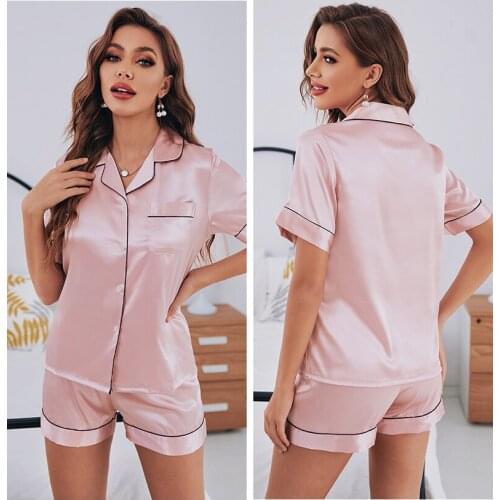 Japan And South Korea New Ice Silk Pajamas Women Summer Thin Section Solid Color Short-Sleeved Shorts Suit Casual Home Service C
