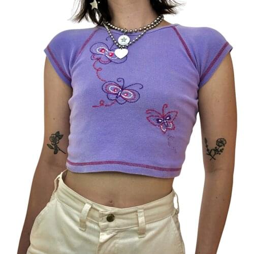 Ladies Summer Casual Round Collar T-shirt Girls Creative Butterfly Embroidery Slim Short Sleeve Midriff-baring Tops
