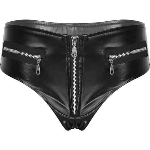 Women Sexy Opening Crotch Leather Shorts For Sex Erotic Porn Zipper Soft Latex Bag Hip Pants Sexi Low Waist Leather Underpants