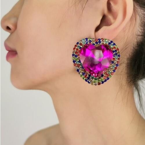 MANILAI Colorful Crystal Big Heart Stud Earrings For Women Gold Color Metal Statement Rhinestones Earings Luxury Jewelry 2021