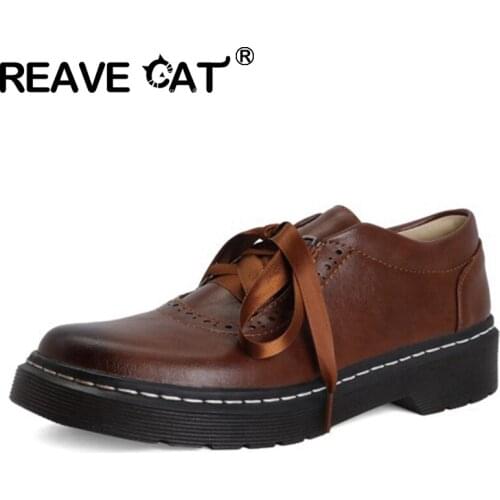 REAVE CAT New 2021 Ladies Pumps Round Toe 3.5cm Block Heels Faux Genuine Leather Lace-Up Stylish Vintage Big Size 34-43 A3591