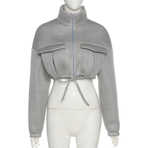 Women Mesh Plaid Autumn Winter Coat Trend Turtleneck Zipper Pocket Crop Jacket Solid Slim Drawstring Female locomotive Outerwear