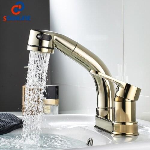 Gold Basin Bathroom Faucet Cold Hot Water Mixer Single Handle Two Holes Bathroom Mixer Taps Height Adjustable Pull Out Sink Tap