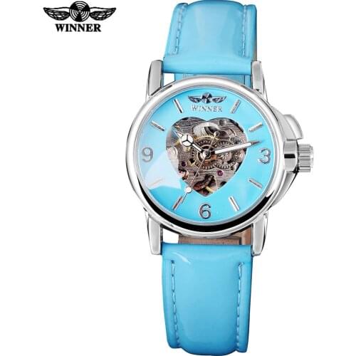 2016 WINNER brand fashion casual watches women lady heart skeleton automatic mechanical wrist watches sky blue leather belt band
