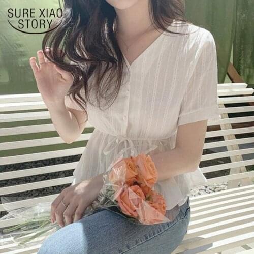 2021 Summer New Elegant V-Neck Tops Short Sleeve Chic French Slim Patchwork Blouse Women Cotton Shirt Clothes Blusa Mujer 14550