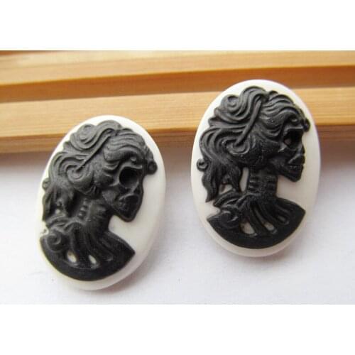 50pcs 18x25mm Black/White Oval Flatback Resin Beauty Skull Head Cameo Charm Finding,Phone Decoration Kit,DIY Accessory Jewellry
