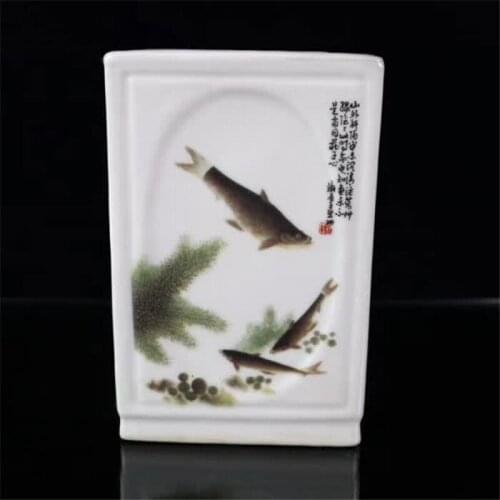 Chinese Porcelain Jar Home Decoration Fish Playing Water Picture Square Pen Container Study Gift