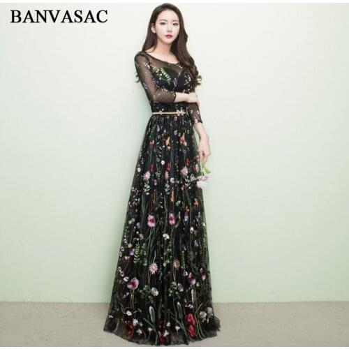 BANVASAC 2018 Illusion O Neck Flowers Embroidery A Line Long Evening Dresses Lace Party Pearls Sash Backless Prom Gowns