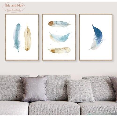 Decoracion Nordica Posters And Prints Blue Brown Feather Abstract Wall Art Canvas Painting Canvas Prints Wall Pictures Unframed
