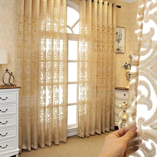 European Luxury Hollow Light Yellow Jacquard Geometric Tulle Curtains for Living Room Delicate Fabric for Bedroom Drape